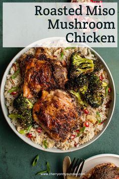 roasted miso mushroom chicken with rice and broccoli in a white bowl on a green table