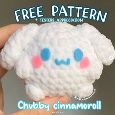 a crocheted white sheep with blue eyes and pink cheeks is shown in front of the text, free pattern + testers appreciation chubby cinnamonroll