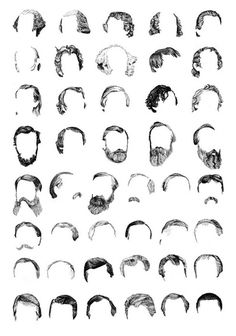 an image of different types of hair and mustaches on a white background, all drawn by hand