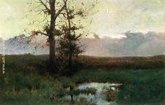 an oil painting of a tree in the middle of a field with water and grass