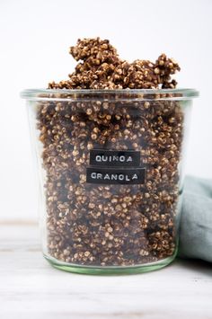 quinoa granola in a glass container