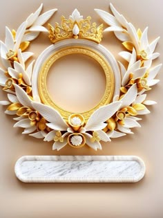 an ornate gold and white frame surrounded by golden leafy wreaths on a beige background