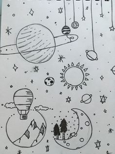 a drawing of different planets and stars in the sky with trees, clouds, and hot air balloons