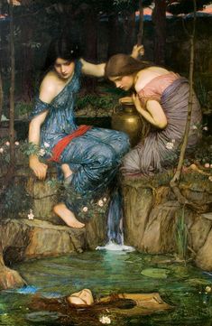 two women are sitting on rocks near a stream and one is holding a vase in her hand