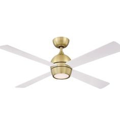 a ceiling fan with two white blades and a light fixture on the top of it