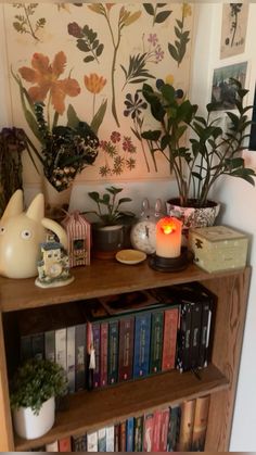 a bookshelf filled with lots of books and plants