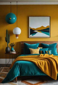 a bedroom with yellow walls and teal colored bedding, artwork above the bed