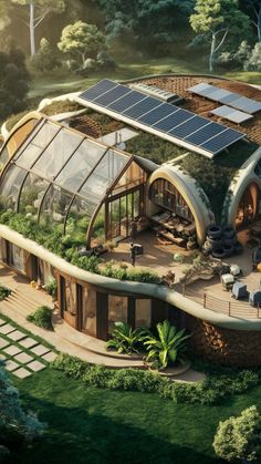 an artist's rendering of a futuristic house with solar panels on the roof and windows