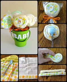 several pictures showing how to make baby swaddles and napkins with flowers in them