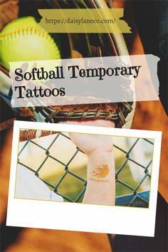 softball temporary tattoos with the words softball temporary tattoos on it and an image of a baseball glove