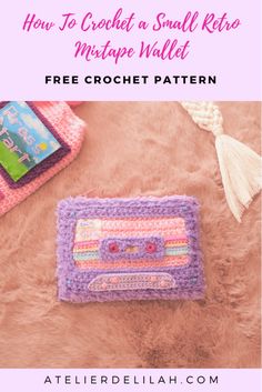 a crocheted wallet with the text how to crochet a small retro cassette pattern