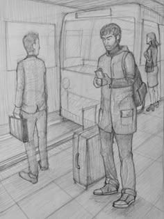 a pencil drawing of two people standing in a subway station, one holding a coffee cup and the other looking at another man