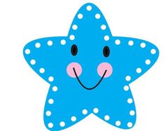 a blue star with white polka dots on it's face and eyes is smiling