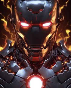 an iron man with red eyes and flames on his face, in front of a black background