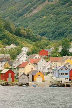 a group of houses sitting on top of a body of water next to a lush green hillside