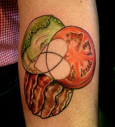 a close up of a person's arm with a tattoo on it that has bacon, tomato and lettuce