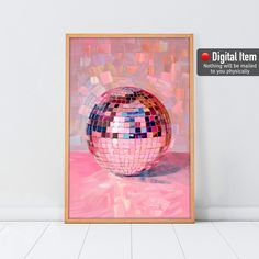 an abstract painting of a disco ball on a pink background with the word digital item below it