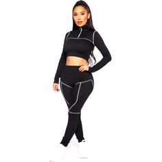 Black With White Stitching Ribbed Pants Set. It Can Be Dressed Up Or Down. Fall Ootd, Matching Outfit, Mock Neck Long Sleeve, Weekend Warrior, Padded Coat, Trendy Clothes, Active Leggings, High Rise Leggings, Sporty Outfits