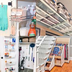 the inside of a closet filled with lots of clutter and cleaning supplies on shelves