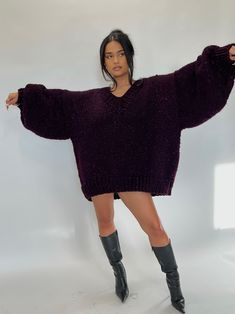 Galaxy Deep Purple Oversize Sweater – LULU Handmade Knits Crochet Purple Sweater, Whimsigoth Aesthetic Outfits, Crochet Oversized Sweater, Wide Sleeve Sweater, Galaxy Fashion, Dress Book, Oversize Sweater, Womens Sweaters, Lion Brand Yarn