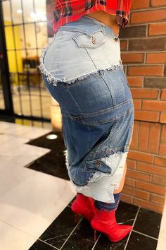 Plus Size Festival Blue Patchwork Button Split Denim Skirts [Pre-Order] Upcycle Jeans Skirt, Plus Size Festival, Shoe Hacks, Stylish Women Fashion, Diy Fashion Clothing, Upcycle Jeans