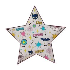 a star with various stickers on it that say kapow and super hero