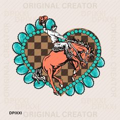 an image of a horse and rider on a checkered heart shaped background with the words, original creator