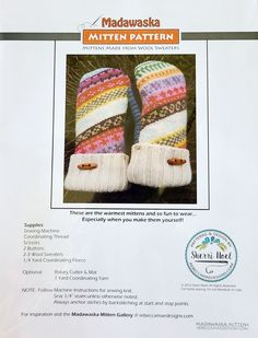 the knitting pattern for mittens and boot covers is shown in front of an advertisement