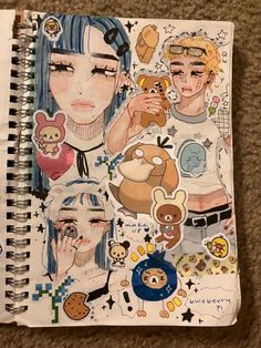 a spiral notebook with stickers on it and an image of two people holding teddy bears