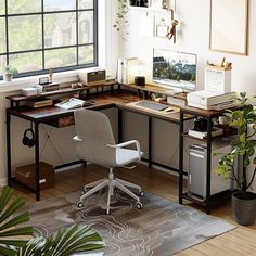 a home office with a desk and chair in front of a large window overlooking the city