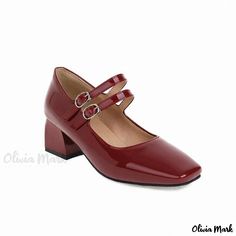 Olivia Mark - Vintage Minimalist Square-Toe Mary Jane Pumps with Chunky Heels and Wide Strap Patent Leather Mary Janes, Summer Women Shoes, Chunky Pumps, Vintage Loafers, Womens Red Shoes, Mary Jane High Heels, Rough Heels, Round Toe Pumps, Patent Shoes