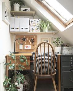 an instagram photo of someone's home office in their attic space, with the caption above it