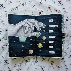 an open notebook with drawings on it and words written in the pages that spell out planets