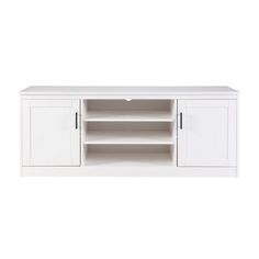 a white entertainment center with two doors and shelves on one side, an open shelf to the