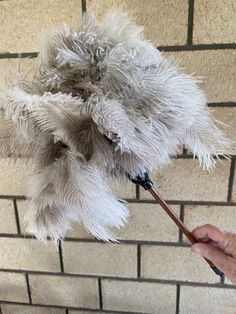 a person is holding an umbrella made out of fake feathers and a wooden stick in front of a brick wall