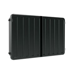 the back side of a black wall mounted enclosure with two doors on each side and one door open