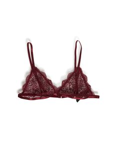 This bra top has a sheer lace construction, a scallop trim, adjustable shoulder straps, and back hook closures. Red Lace Bra, Red Bra, Scallop Trim, Triangle Bra, Bra Top, Red Lace, Lace Bra, Sheer Lace, Burgundy Red