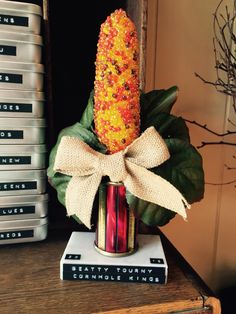 a decorative corn cob on top of a stack of books