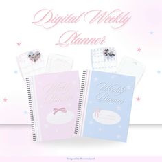 three spiral notebooks with the words digital weekly planner written in pink, blue and white