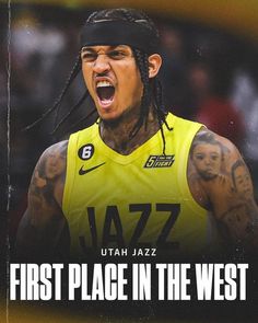 a basketball player with his mouth open and the words first place in the west written below him