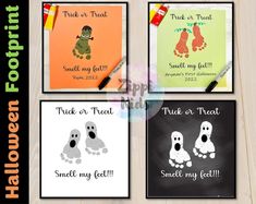 four halloween cards with handprints on them and the words trick or treat written below