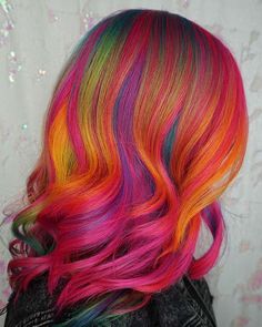 Rainbow Hair Ideas, Exotic Hair, Hair Color Inspiration, Rainbow Highlights, Creative Hair Color, Neon Hair