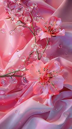 pink flowers and water droplets are in the air on this silk fabric wallpaper mural