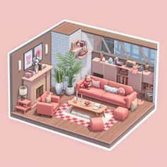 a living room filled with furniture and a fire place next to a pink wall in front of a window