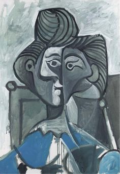 an abstract painting of a man with a hat on his head and another person's face in the background