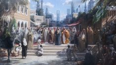 a painting of people standing on steps in front of buildings