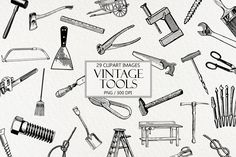 an assortment of vintage tools displayed on a white background with the words, 25 clipart images