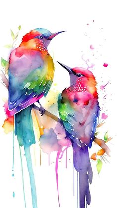 two colorful birds sitting on top of each other in front of watercolor splashs