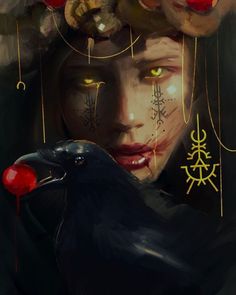 a painting of a woman holding a black bird with red eyes and gold chains around her head