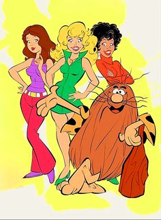 three cartoon characters standing next to each other in front of a yellow background with an orange cat on it's back